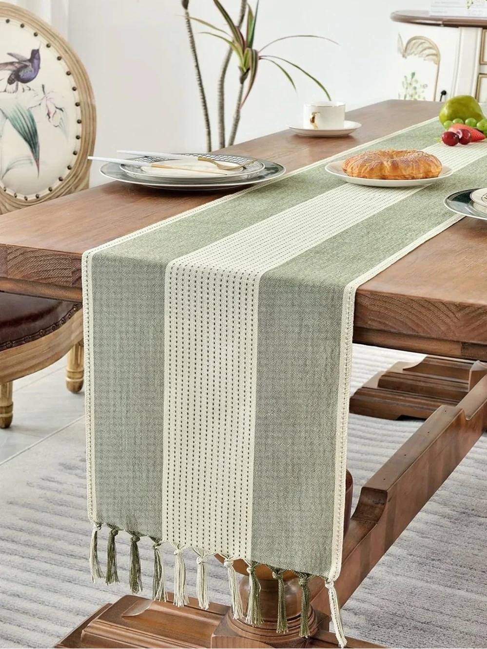 Sage Green & Cream Farmhouse Table Runner 13x72 Cotton Linen Boho